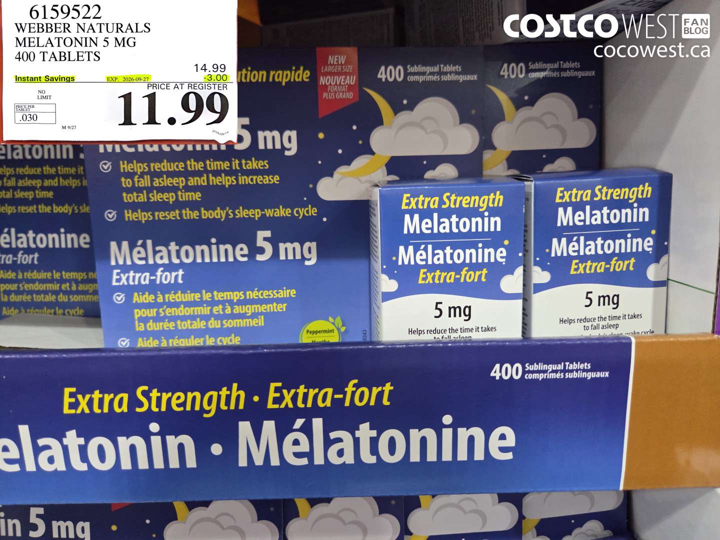 6159522 WEBBER NATURALS MELATONIN 5 MG 400 TABLETS ($3.00 INSTANT SAVINGS EXPIRES ON 2026-09-27) $11.99