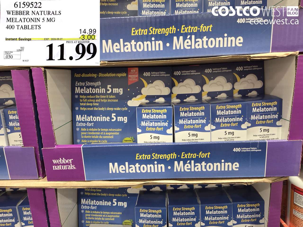 6159522 WEBBER NATURALS MELATONIN 5 MG 400 TABLETS ($3.00 INSTANT SAVINGS EXPIRES ON 2026-09-27) $11.99