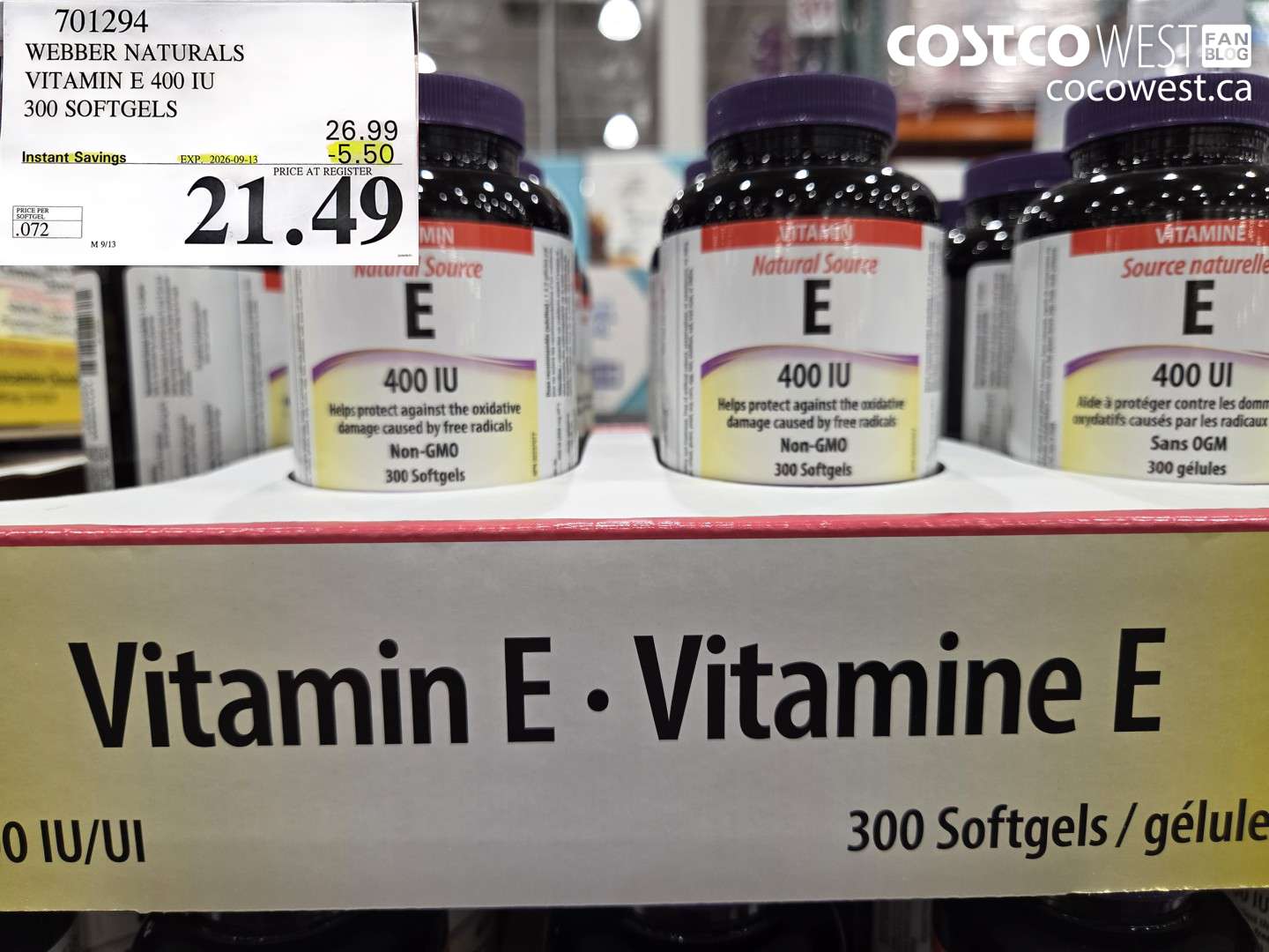 701294 WEBBER NATURALS VITAMIN E 400 IU 300 SOFTGELS ($5.50 INSTANT SAVINGS EXPIRES ON 2026-09-13) $21.49