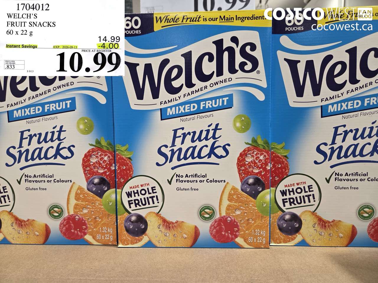 1704012 WELCH'S FRUIT SNACKS 60 X 22 G ($4.00 INSTANT SAVINGS EXPIRES ON 2026-09-13) $10.99