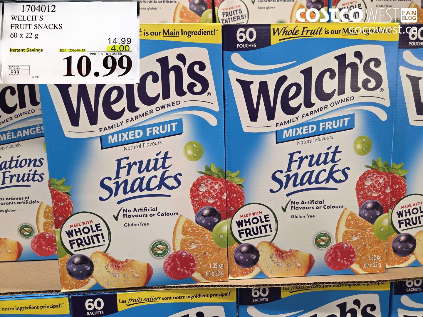 1704012 WELCH'S FRUIT SNACKS 60 X 22 G ($4.00 INSTANT SAVINGS EXPIRES ON 2026-09-13) $10.99
