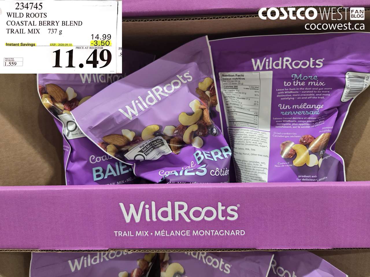 234745 WILD ROOTS COASTAL BERRY BLEND TRAIL MIX 737 G ($3.50 INSTANT SAVINGS EXPIRES ON 2026-09-10) $11.49