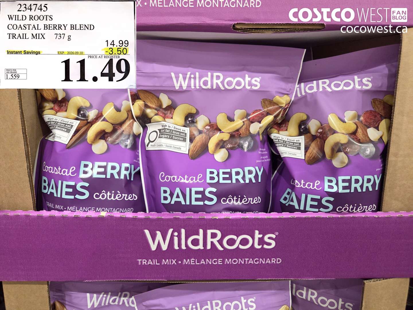 234745 WILD ROOTS COASTAL BERRY BLEND TRAIL MIX 737 G ($3.50 INSTANT SAVINGS EXPIRES ON 2026-09-10) $11.49