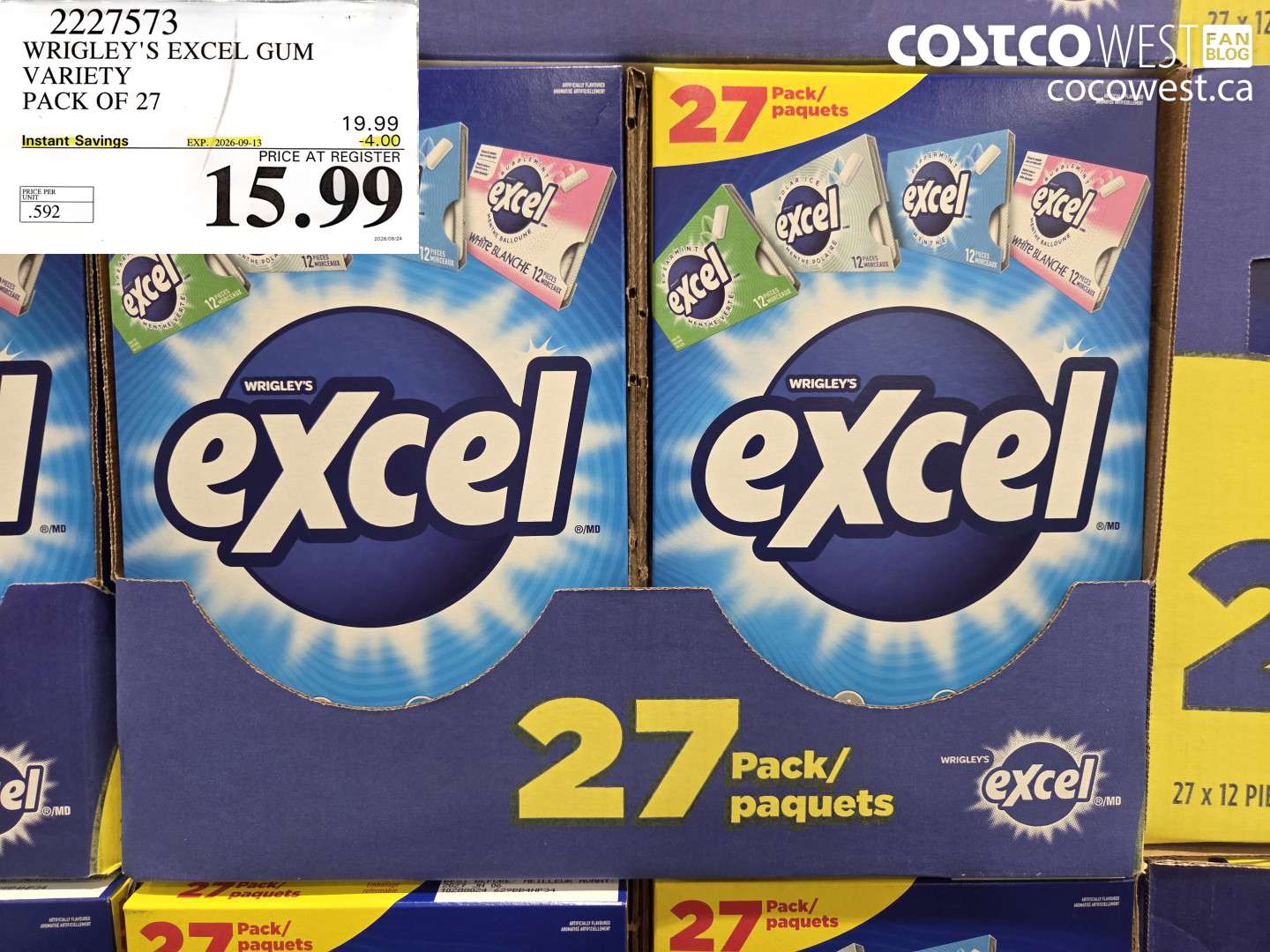 2227573 WRIGLEY'S EXCEL GUM VARIETY PACK OF 27 ($4.00 INSTANT SAVINGS EXPIRES ON 2026-09-13) $15.99