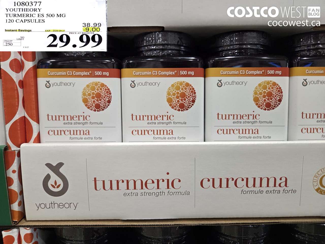 1080377 YOUTHEORY TURMERIC ES 500 MG 120 CAPSULES ($9.00 INSTANT SAVINGS EXPIRES ON 2026-09-27) $29.99