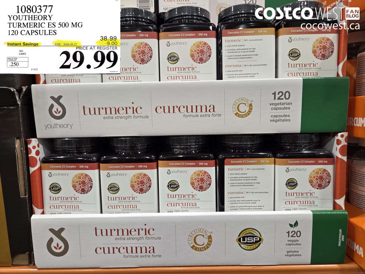 1080377 YOUTHEORY TURMERIC ES 500 MG 120 CAPSULES ($9.00 INSTANT SAVINGS EXPIRES ON 2026-09-27) $29.99