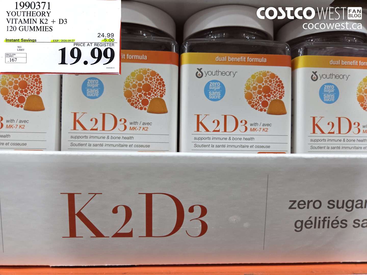 1990371 YOUTHEORY VITAMIN K2 + D3 120 GUMMIES ($5.00 INSTANT SAVINGS EXPIRES ON 2026-09-27) $19.99