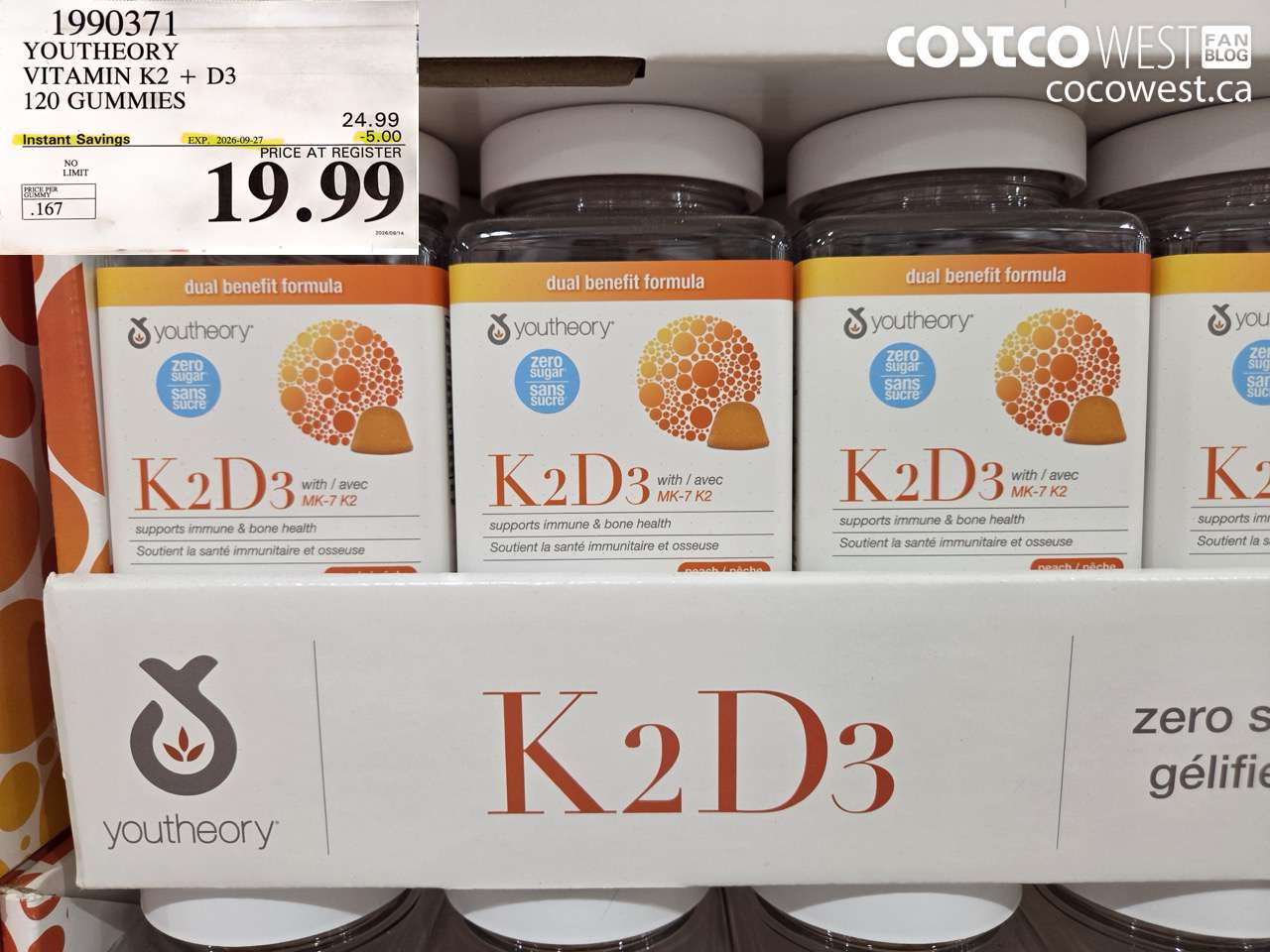 1990371 YOUTHEORY VITAMIN K2 + D3 120 GUMMIES ($5.00 INSTANT SAVINGS EXPIRES ON 2026-09-27) $19.99