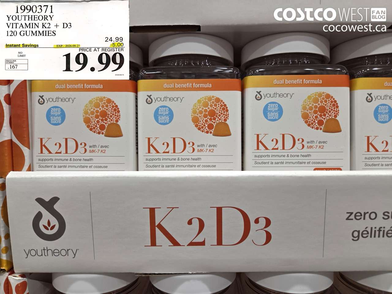 1990371 YOUTHEORY VITAMIN K2 + D3 120 GUMMIES ($5.00 INSTANT SAVINGS EXPIRES ON 2026-09-27) $19.99