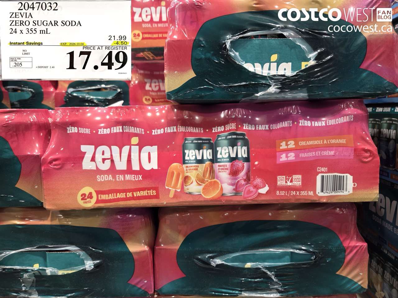 2047032 ZEVIA ZERO SUGAR SODA 24 X 355 ML ($4.50 INSTANT SAVINGS EXPIRES ON 2026-10-04) $17.49
