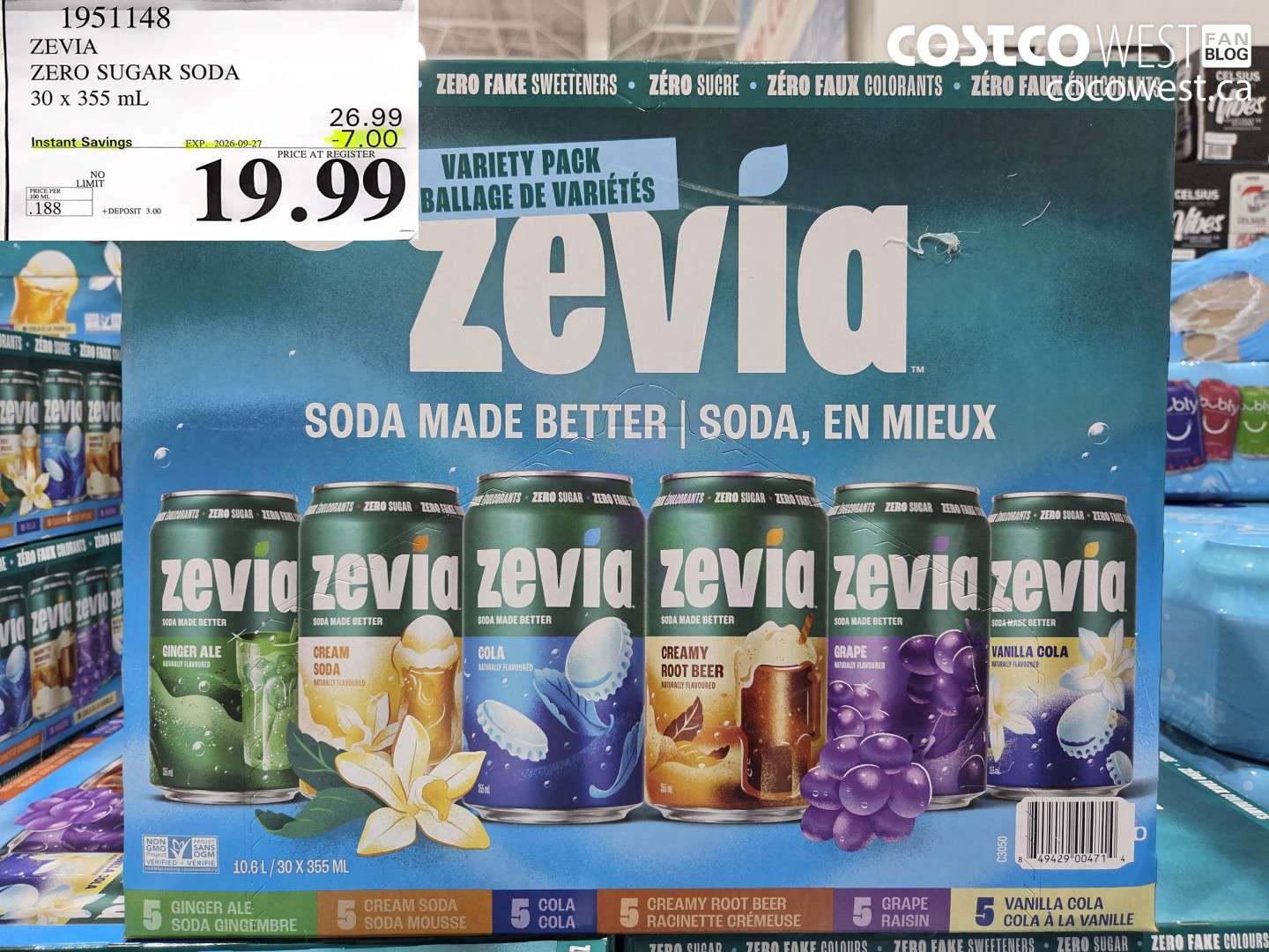1951148 ZEVIA ZERO SUGAR SODA 30 X 355 ML ($7.00 INSTANT SAVINGS EXPIRES ON 2026-09-27) $19.99