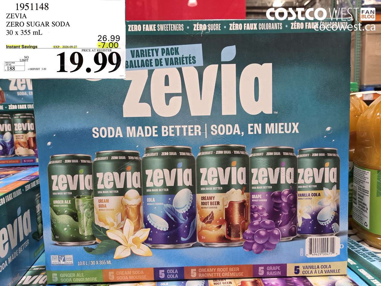 1951148 ZEVIA ZERO SUGAR SODA 30 X 355 ML ($7.00 INSTANT SAVINGS EXPIRES ON 2026-09-27) $19.99