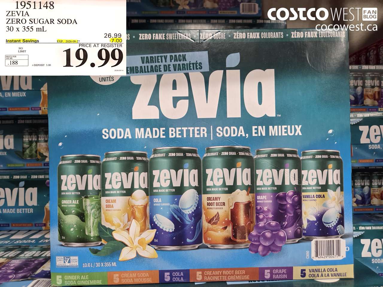 1951148 ZEVIA ZERO SUGAR SODA 30 X 355 ML ($7.00 INSTANT SAVINGS EXPIRES ON 2026-09-27) $19.99