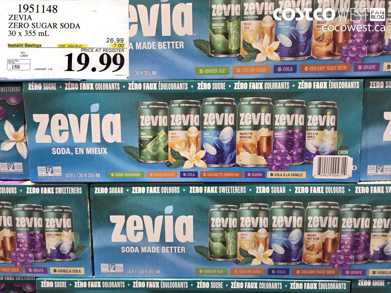 1951148 ZEVIA ZERO SUGAR SODA 30 X 355 ML ($7.00 INSTANT SAVINGS EXPIRES ON 2026-09-27) $19.99