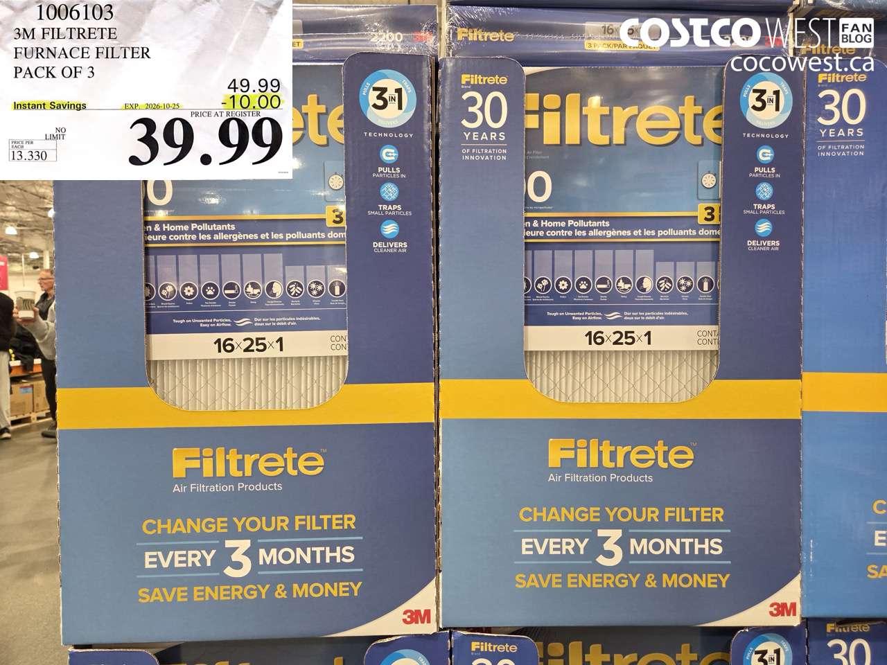 1006103 3M FILTRETE FURNACE FILTER PACK OF 3 ($10.00 INSTANT SAVINGS EXPIRES ON 2026-10-25) $39.99