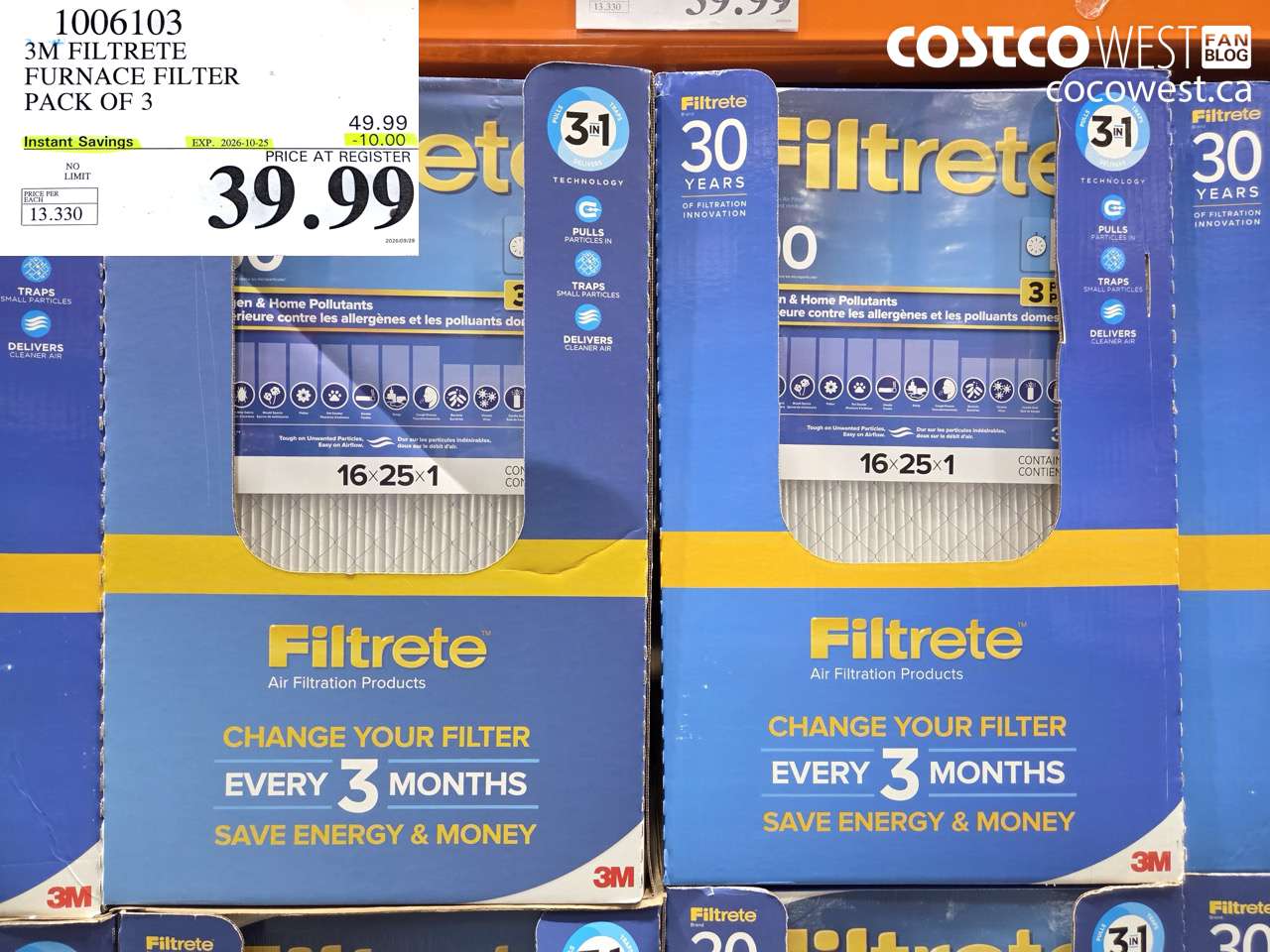 1006103 3M FILTRETE FURNACE FILTER PACK OF 3 ($10.00 INSTANT SAVINGS EXPIRES ON 2026-10-25) $39.99