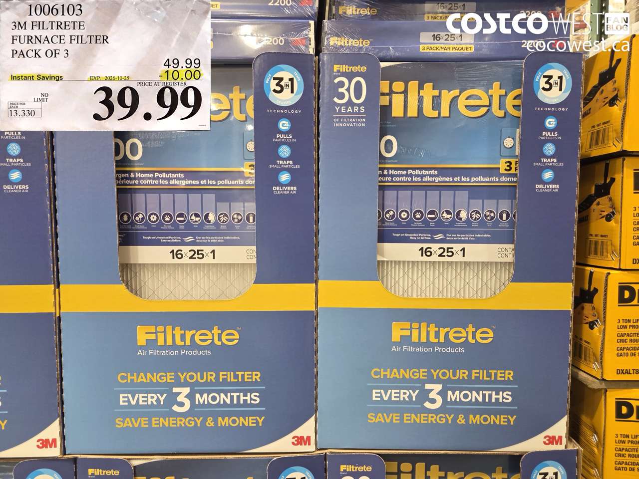 1006103 3M FILTRETE FURNACE FILTER PACK OF 3 ($10.00 INSTANT SAVINGS EXPIRES ON 2026-10-25) $39.99