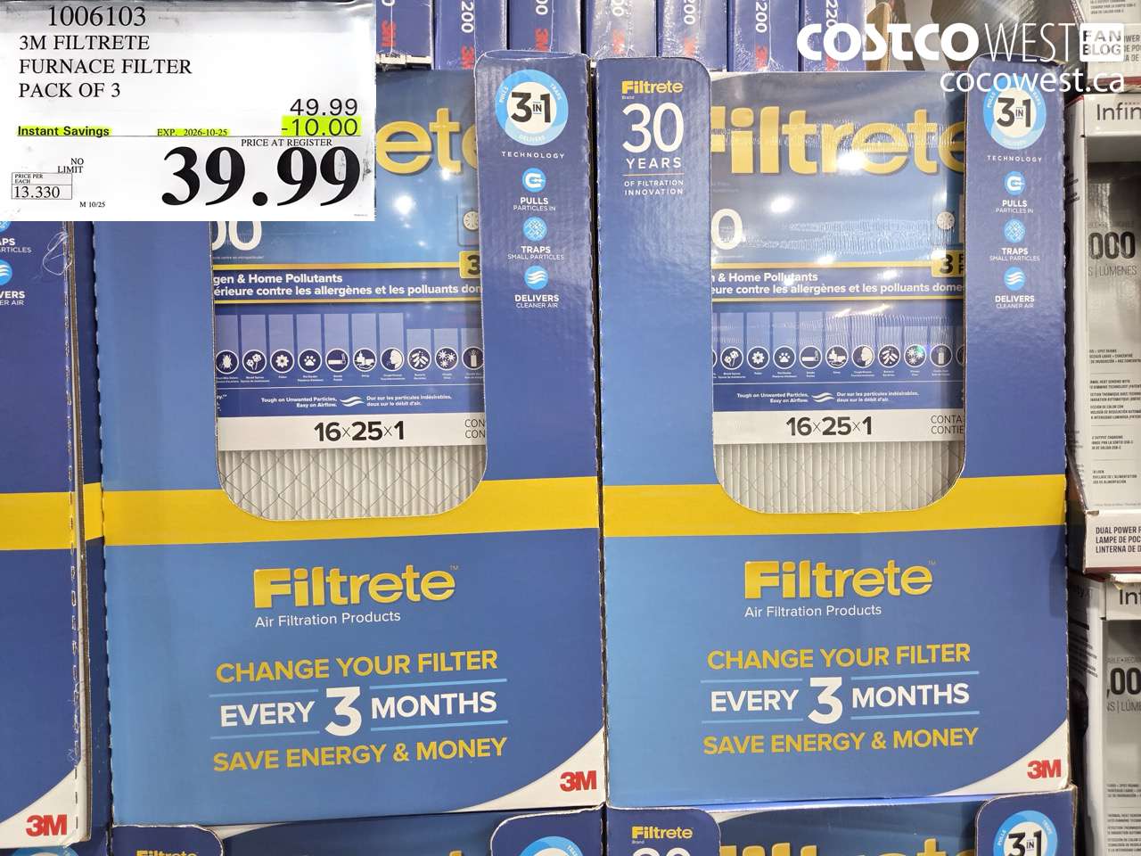 1006103 3M FILTRETE FURNACE FILTER PACK OF 3 ($10.00 INSTANT SAVINGS EXPIRES ON 2026-10-25) $39.99