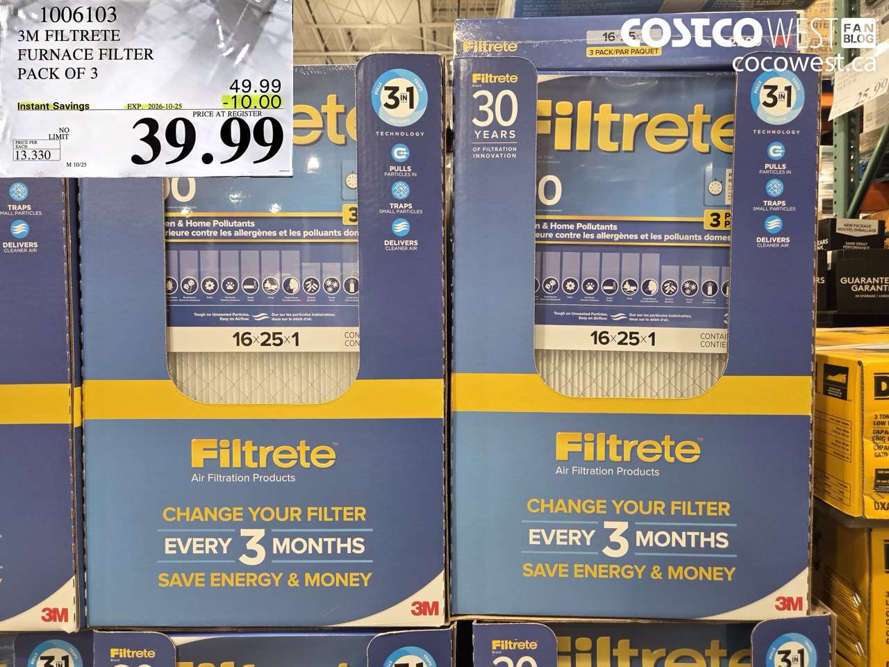 1006103 3M FILTRETE FURNACE FILTER PACK OF 3 ($10.00 INSTANT SAVINGS EXPIRES ON 2026-10-25) $39.99