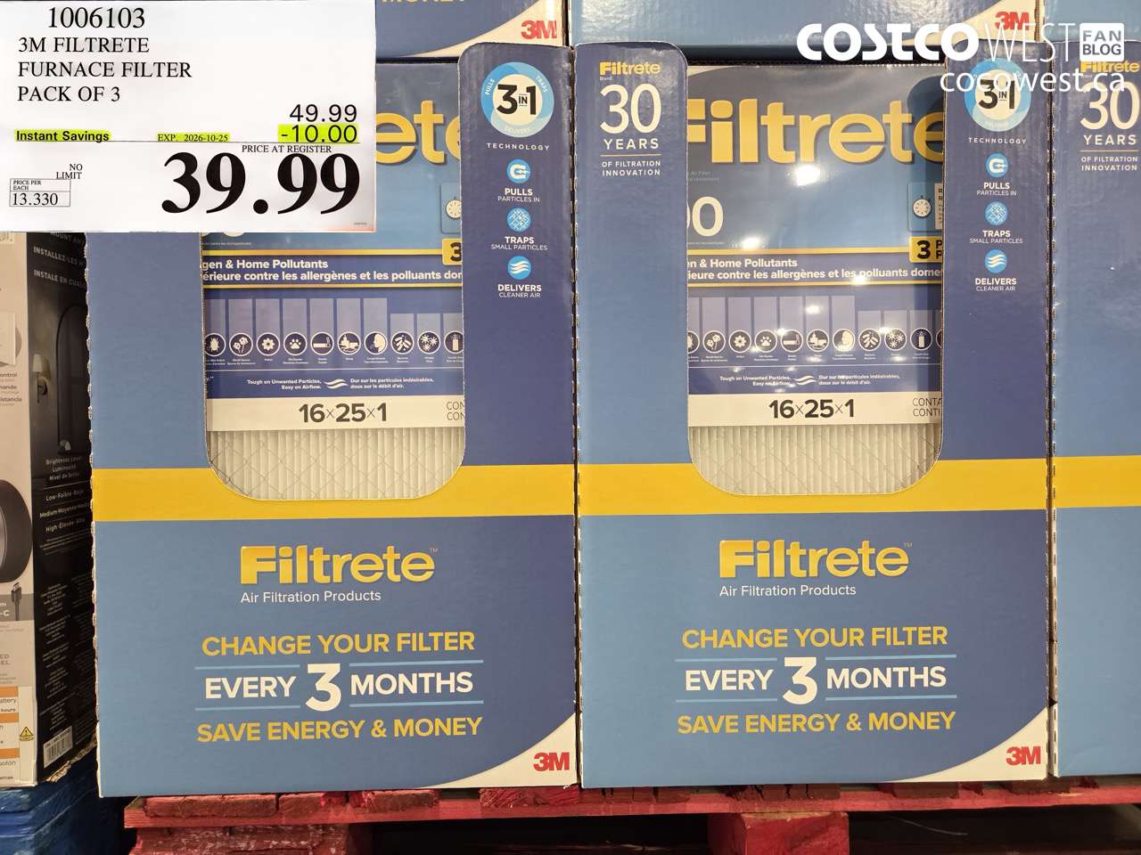 1006103 3M FILTRETE FURNACE FILTER PACK OF 3 ($10.00 INSTANT SAVINGS EXPIRES ON 2026-10-25) $39.99