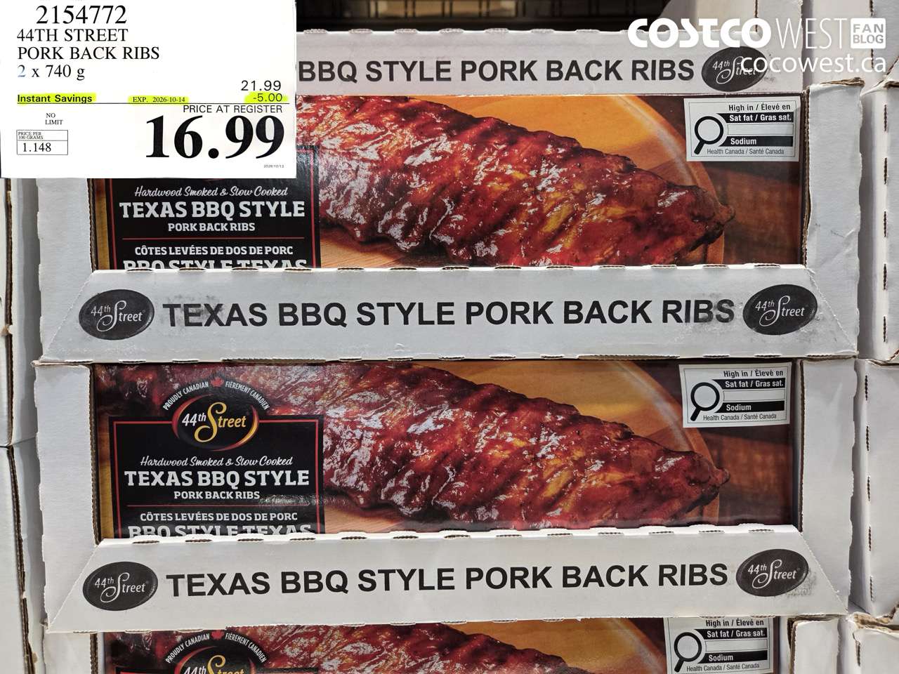 2154772 44TH STREET PORK BACK RIBS 2 X 740 G ($5.00 INSTANT SAVINGS EXPIRES ON 2026-10-14) $16.99