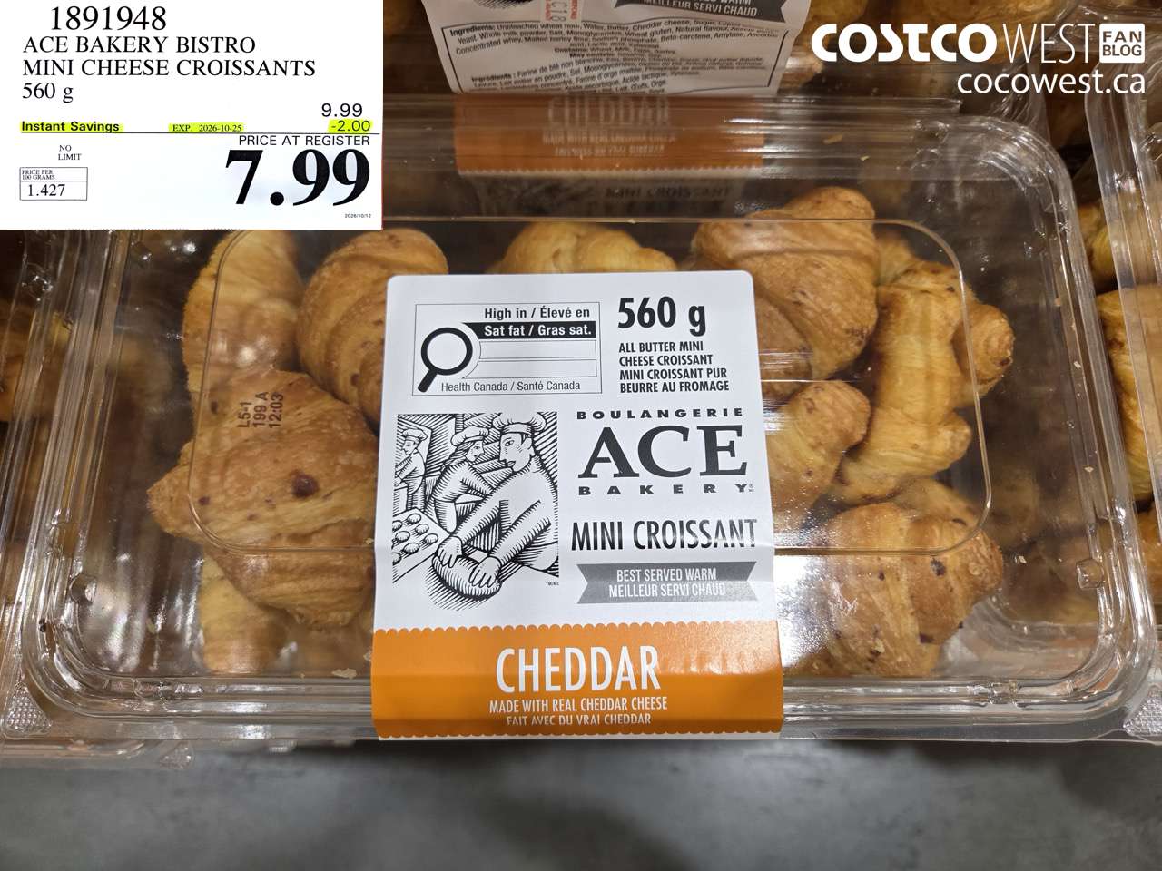 1891948 ACE BAKERY BISTRO MINI CHEESE CROISSANTS 560 G ($2.00 INSTANT SAVINGS EXPIRES ON 2026-10-25) $7.99