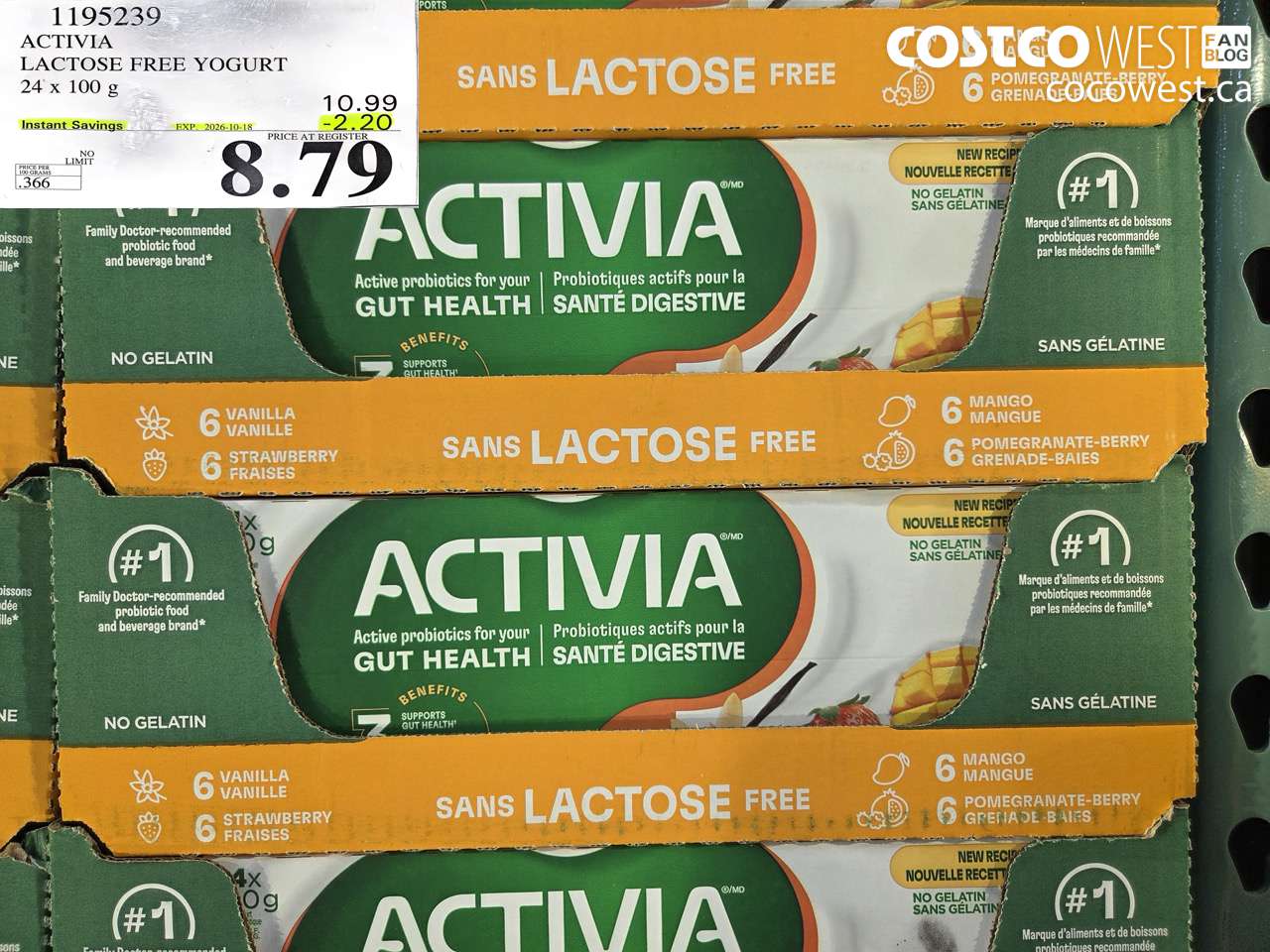 1195239 ACTIVIA LACTOSE FREE YOGURT 24 X 100 G ($2.20 INSTANT SAVINGS EXPIRES ON 2026-10-18) $8.79