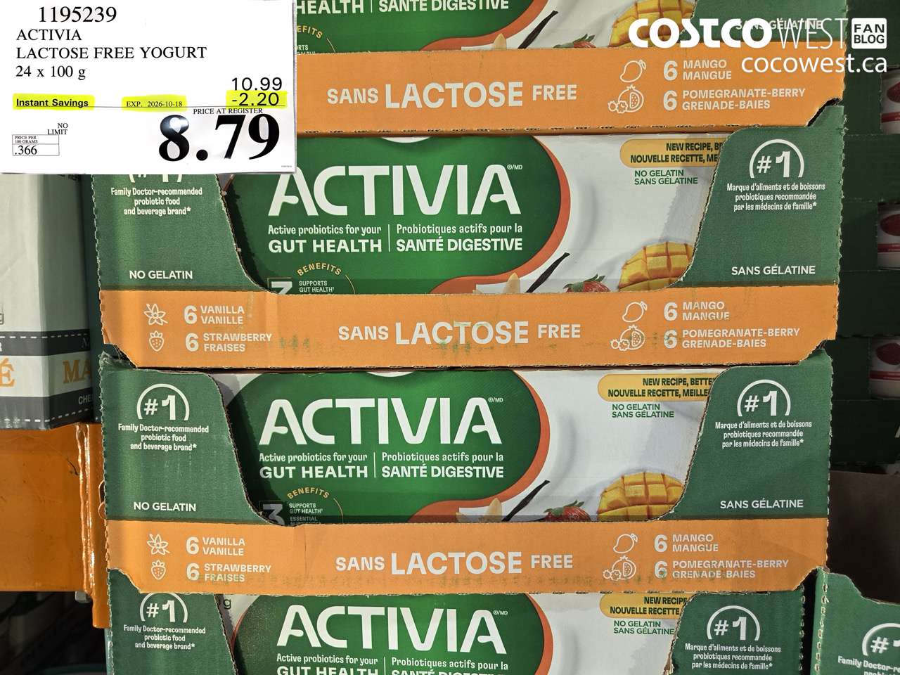 1195239 ACTIVIA LACTOSE FREE YOGURT 24 X 100 G ($2.20 INSTANT SAVINGS EXPIRES ON 2026-10-18) $8.79