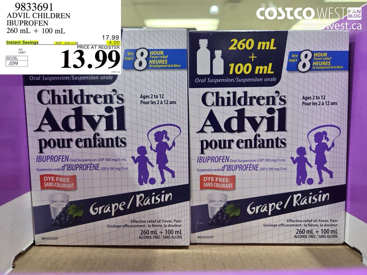 9833691 ADVIL CHILDREN IBUPROFEN 260 ML + 100 ML ($4.00 INSTANT SAVINGS EXPIRES ON 2026-11-08) $13.99