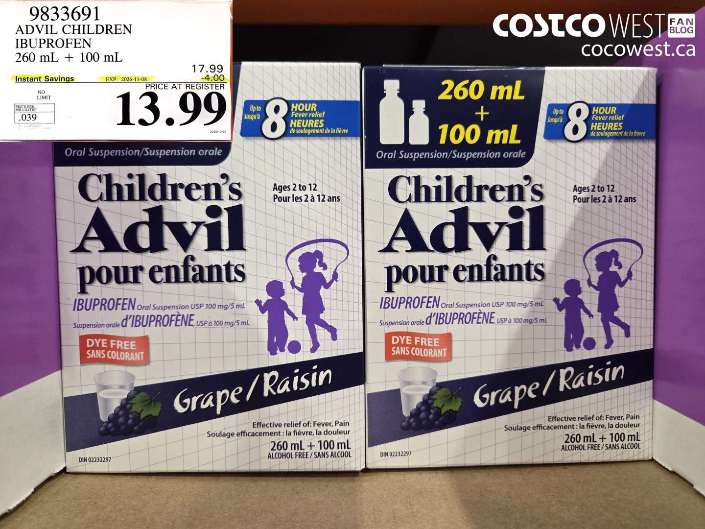 9833691 ADVIL CHILDREN IBUPROFEN 260 ML + 100 ML ($4.00 INSTANT SAVINGS EXPIRES ON 2026-11-08) $13.99