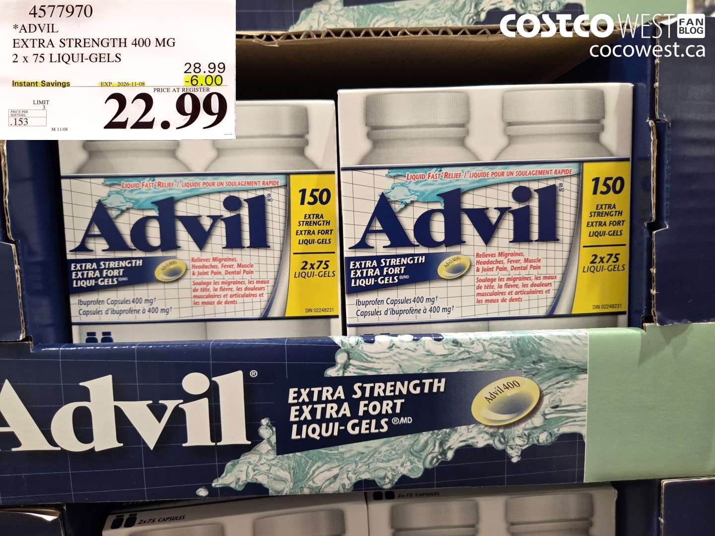 4577970 ADVIL EXTRA STRENGTH 400 MG 2 X 75 LIQUI-GELS ($6.00 INSTANT SAVINGS EXPIRES ON 2026-11-08) $22.99