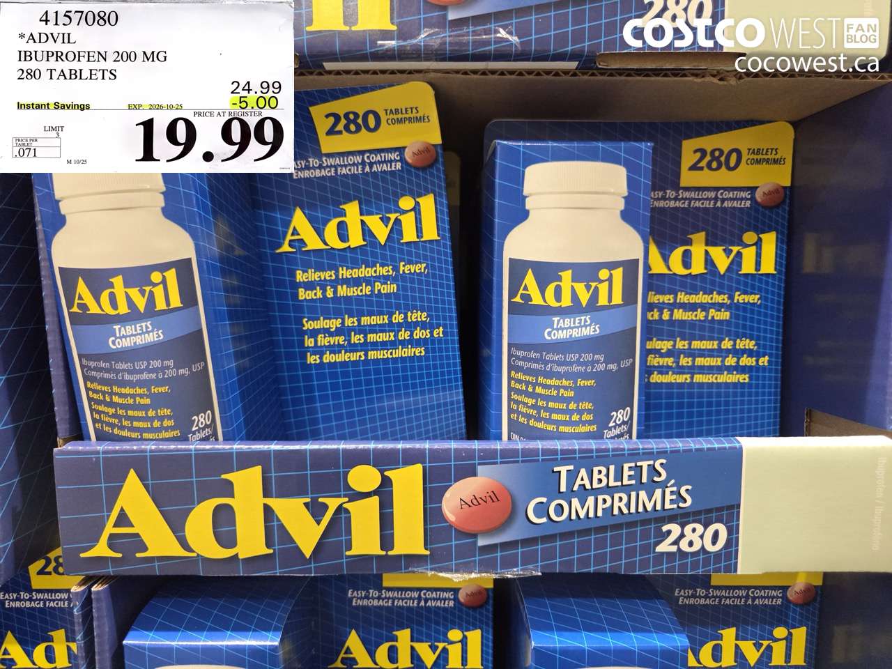 4157080 ADVIL IBUPROFEN 200 MG 280 TABLETS ($5.00 INSTANT SAVINGS EXPIRES ON 2026-10-25) $19.99