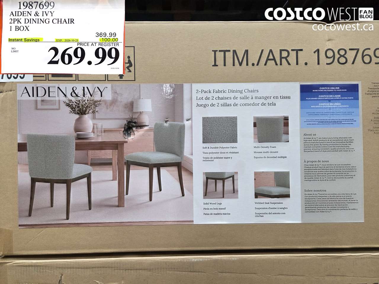 1987699 AIDEN & IVY 2PK DINING CHAIR 1 BOX ($100.00 INSTANT SAVINGS EXPIRES ON 2026-10-25) $269.99