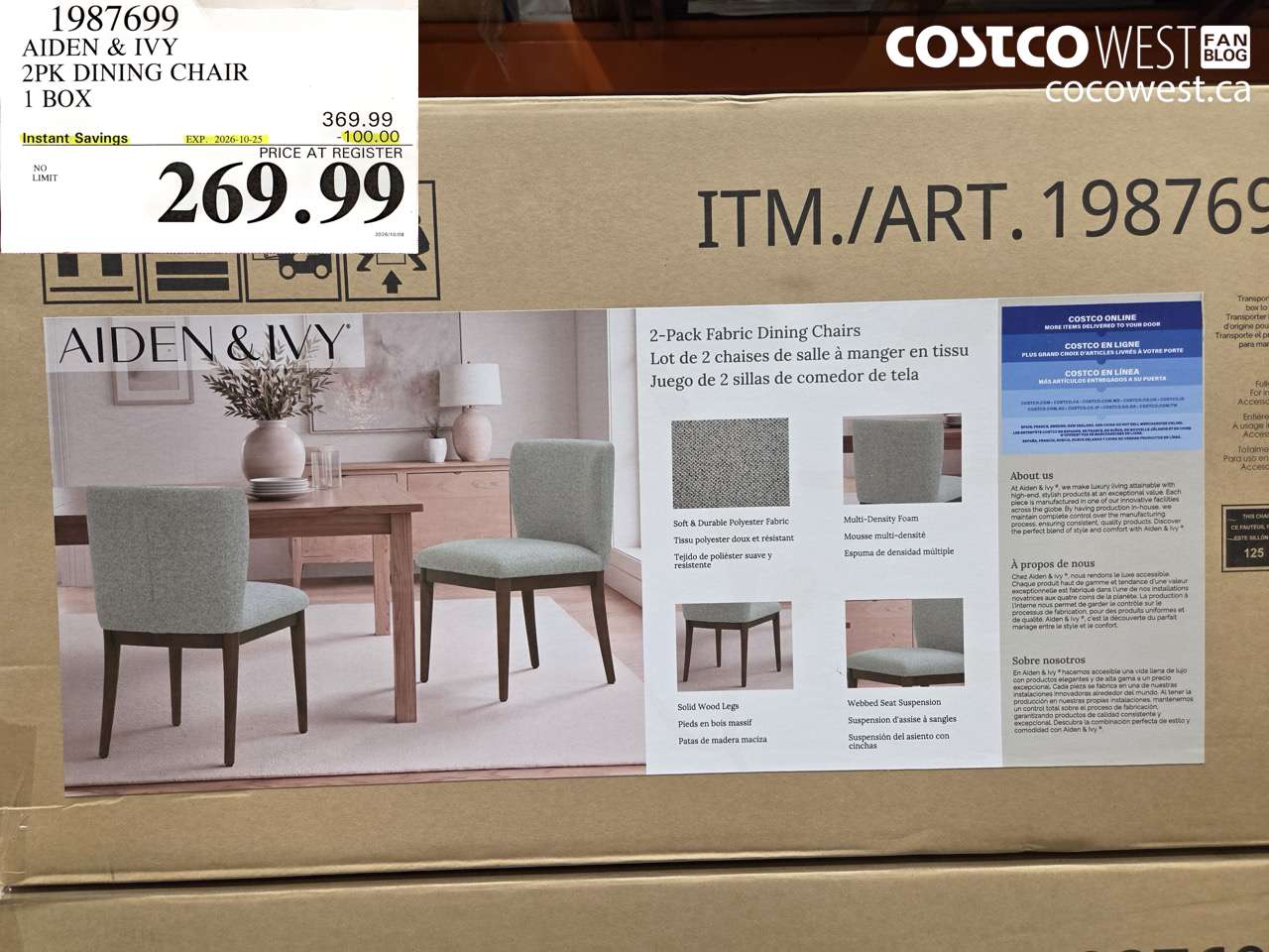 1987699 AIDEN & IVY 2PK DINING CHAIR 1 BOX ($100.00 INSTANT SAVINGS EXPIRES ON 2026-10-25) $269.99