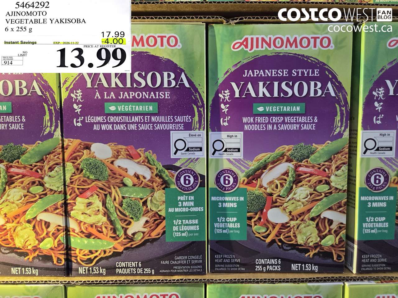 5464292 AJINOMOTO VEGETABLE YAKISOBA 6 X 255 G ($4.00 INSTANT SAVINGS EXPIRES ON 2026-11-22) $13.99