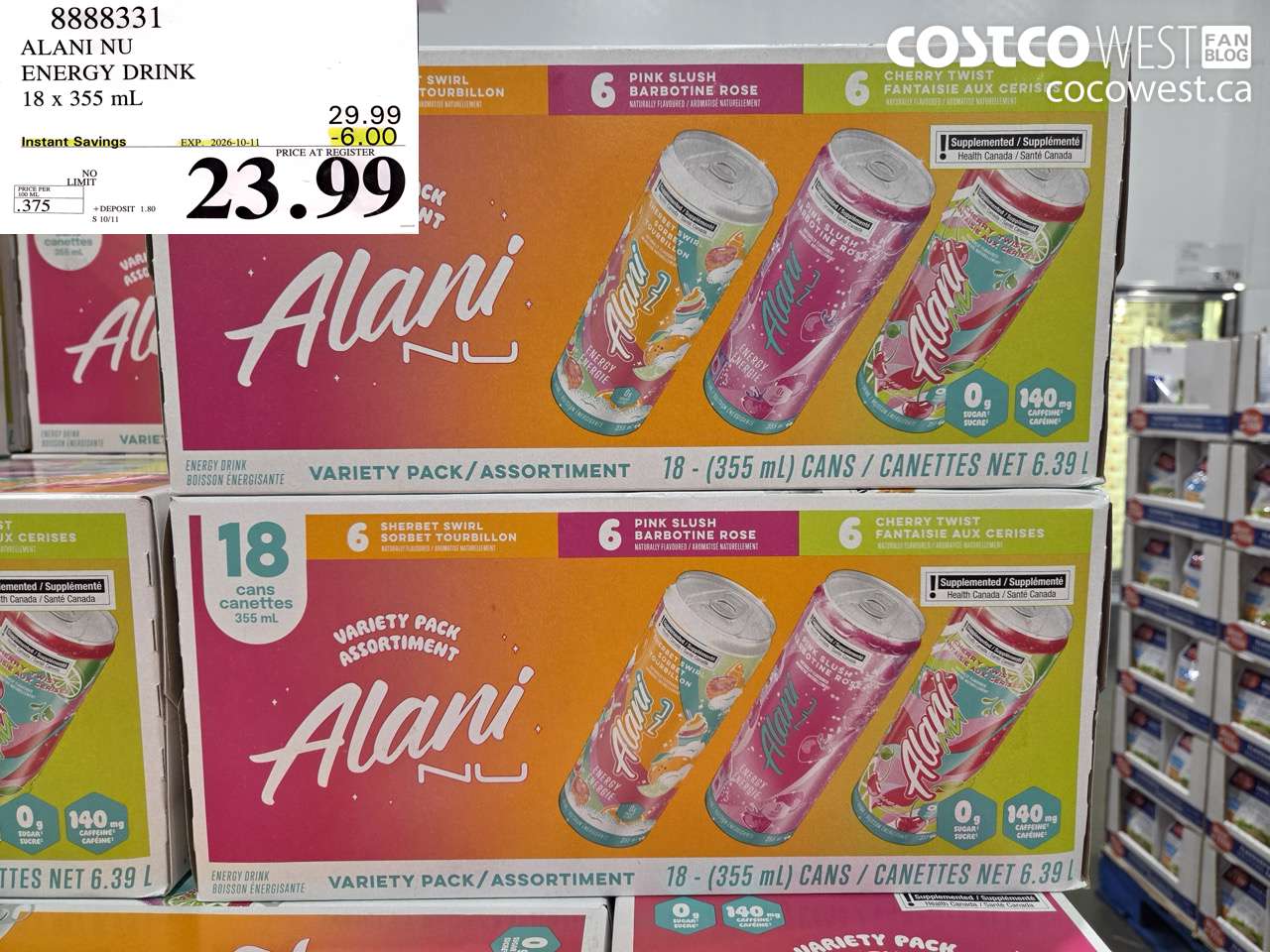 8888331 ALANI NU ENERGY DRINK 18 X 355 ML ($6.00 INSTANT SAVINGS EXPIRES ON 2026-10-11) $23.99