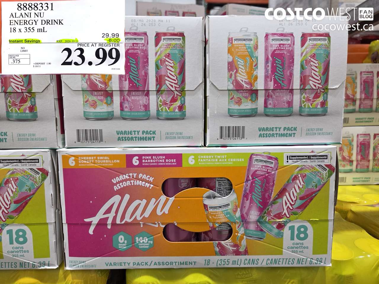 8888331 ALANI NU ENERGY DRINK 18 X 355 ML ($6.00 INSTANT SAVINGS EXPIRES ON 2026-10-11) $23.99