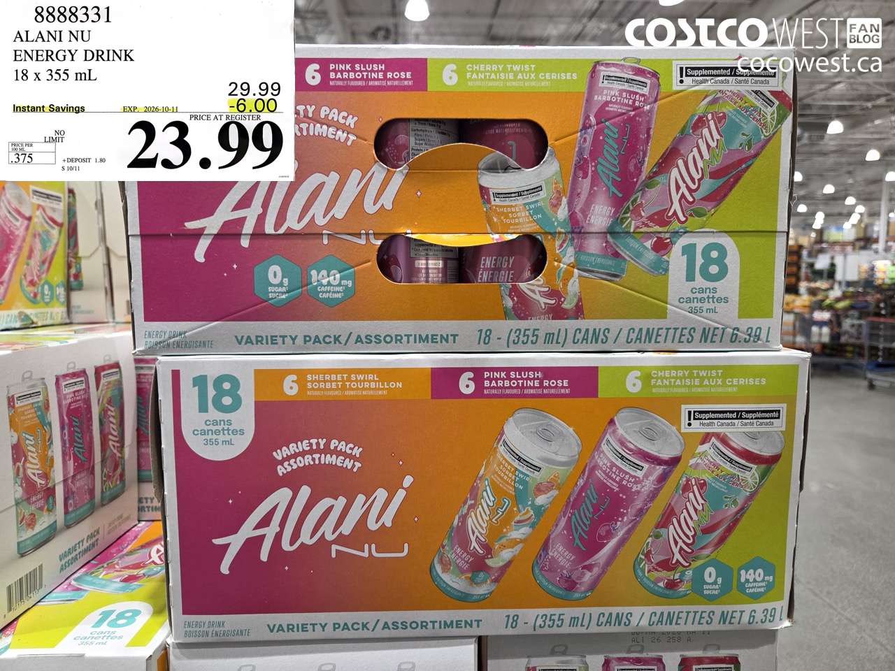 8888331 ALANI NU ENERGY DRINK 18 X 355 ML ($6.00 INSTANT SAVINGS EXPIRES ON 2026-10-11) $23.99
