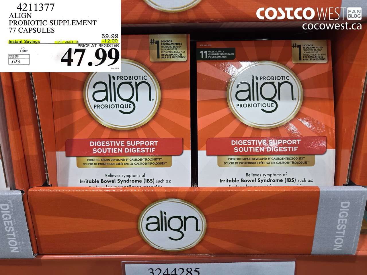 4211377 ALIGN PROBIOTIC SUPPLEMENT 77 CAPSULES ($12.00 INSTANT SAVINGS EXPIRES ON 2026-11-08) $47.99