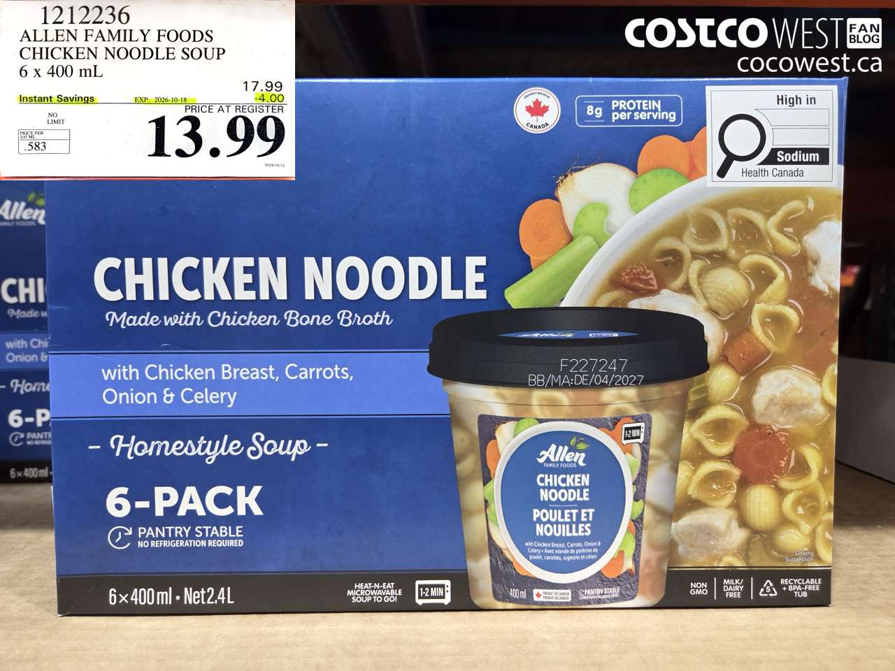 1212236 ALLEN FAMILY FOODS CHICKEN NOODLE SOUP 6 X 400 ML ($4.00 INSTANT SAVINGS EXPIRES ON 2026-10-18) $13.99