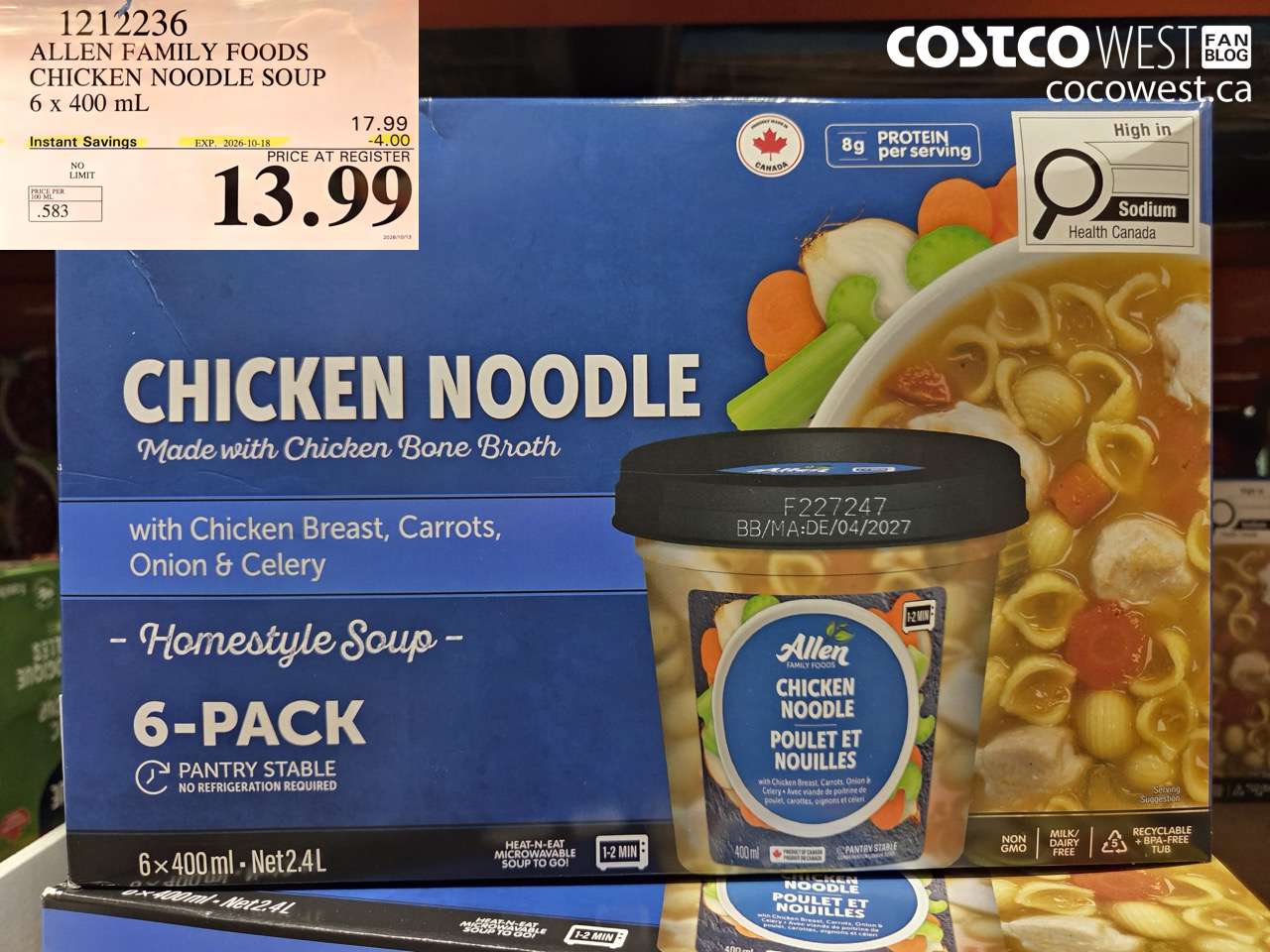 1212236 ALLEN FAMILY FOODS CHICKEN NOODLE SOUP 6 X 400 ML ($4.00 INSTANT SAVINGS EXPIRES ON 2026-10-18) $13.99