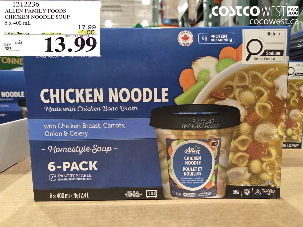 1212236 ALLEN FAMILY FOODS CHICKEN NOODLE SOUP 6 X 400 ML ($4.00 INSTANT SAVINGS EXPIRES ON 2026-10-25) $13.99