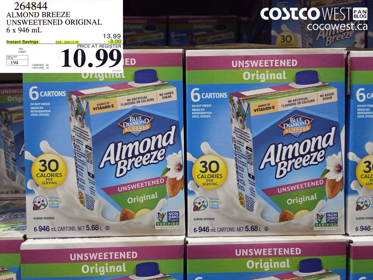 264844 ALMOND BREEZE UNSWEETENED ORIGINAL 6 X 946 ML ($3.00 INSTANT SAVINGS EXPIRES ON 2026-11-08) $10.99