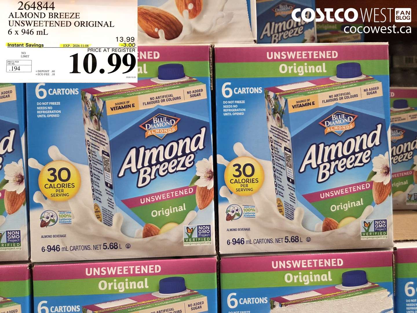 264844 ALMOND BREEZE UNSWEETENED ORIGINAL 6 X 946 ML ($3.00 INSTANT SAVINGS EXPIRES ON 2026-11-08) $10.99