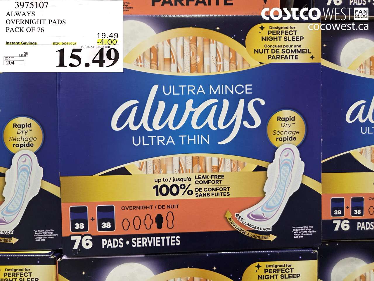3975107 ALWAYS OVERNIGHT PADS PACK OF 76 ($4.00 INSTANT SAVINGS EXPIRES ON 2026-10-25) $15.49