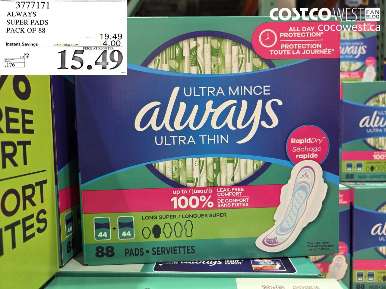 3777171 ALWAYS SUPER PADS PACK OF 88 ($4.00 INSTANT SAVINGS EXPIRES ON 2026-10-25) $15.49