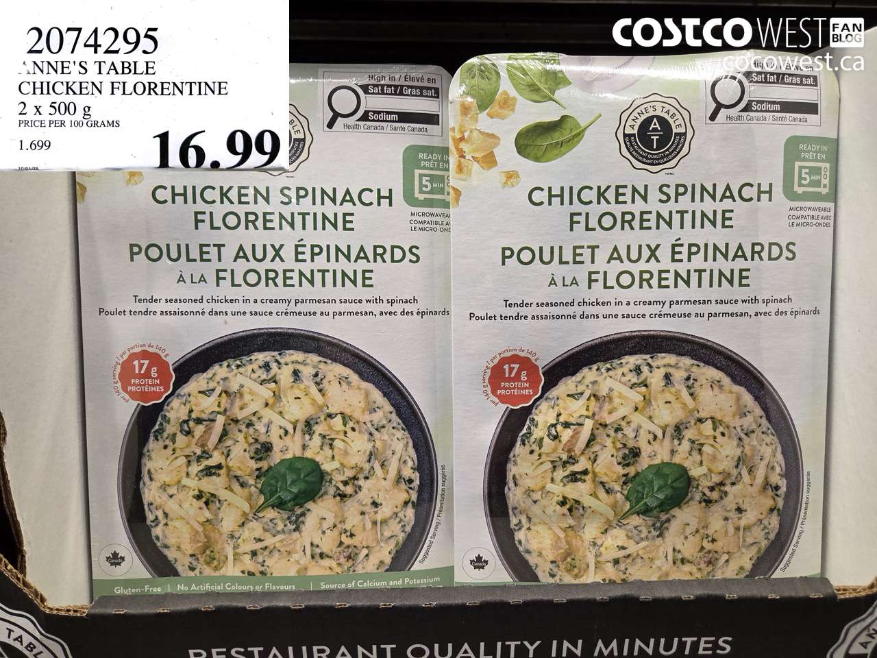 2074295 ANNE'S TABLE CHICKEN FLORENTINE 2 X 500 G $16.99
