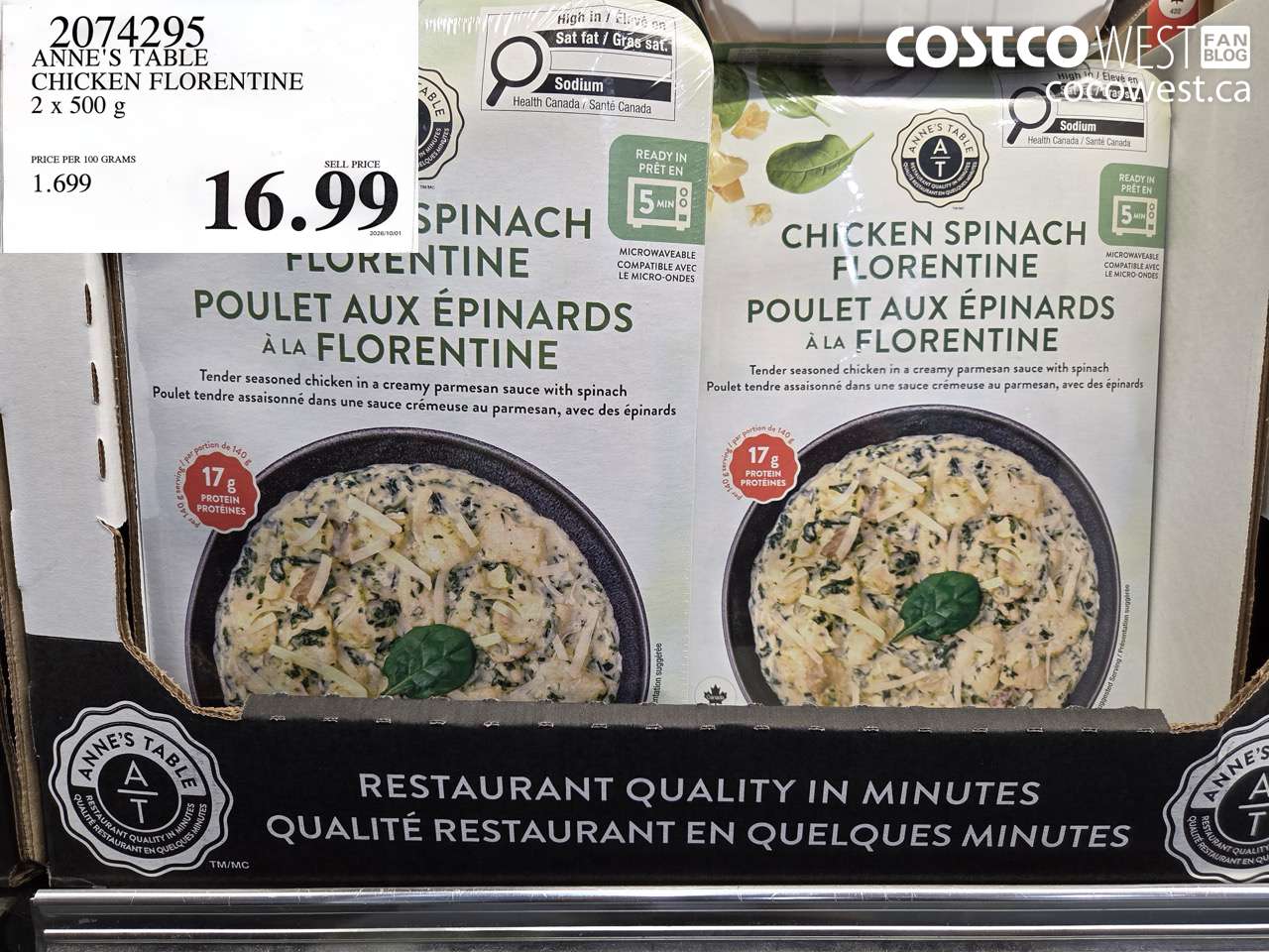 2074295 ANNE'S TABLE CHICKEN FLORENTINE 2 X 500 G $16.99