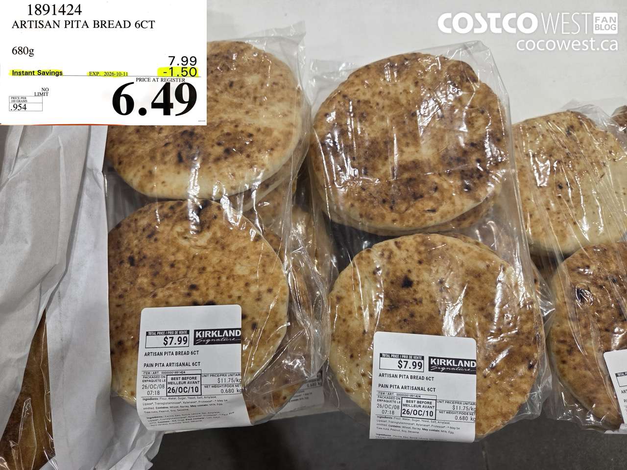 1891424 ARTISAN PITA BREAD 6CT 680G ($1.50 INSTANT SAVINGS EXPIRES ON 2026-10-11) $6.49