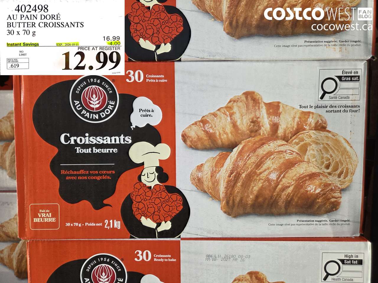 402498 AU PAIN DORÉ BUTTER CROISSANTS 30 X 70 G ($4.00 INSTANT SAVINGS EXPIRES ON 2026-10-11) $12.99